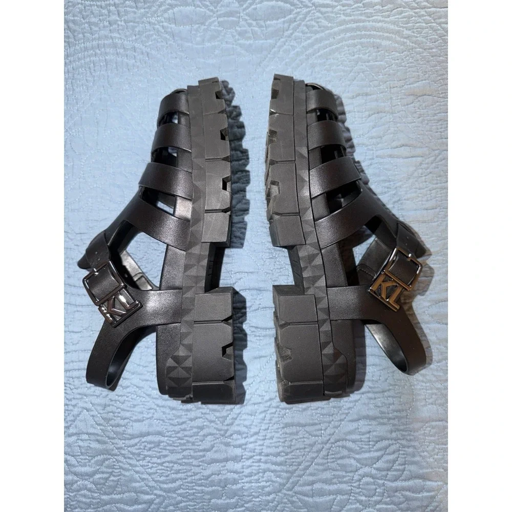 Karl Lagerfeld Paris Women's Fisherman Leather Sandals Black Logo Buckle Size 8